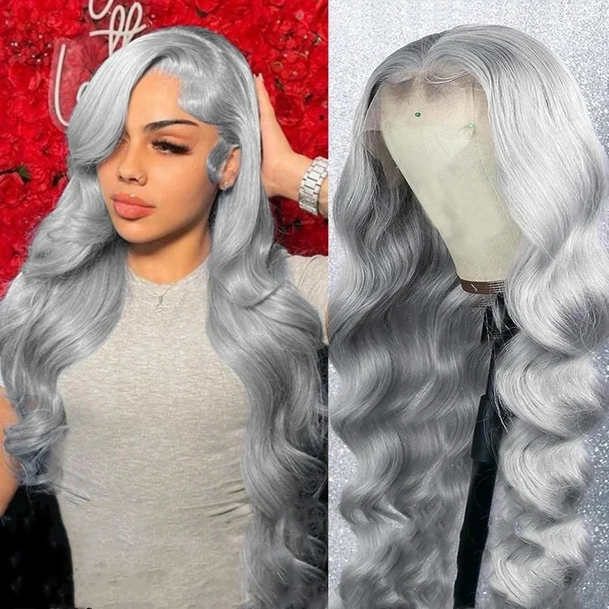 

Silver Grey Body Wave 13x6 HD Lace Frontal Wigs Brazilian Grey Colored Pre Plucked 13x4 Transparent Lace Front Human Hair Wigs