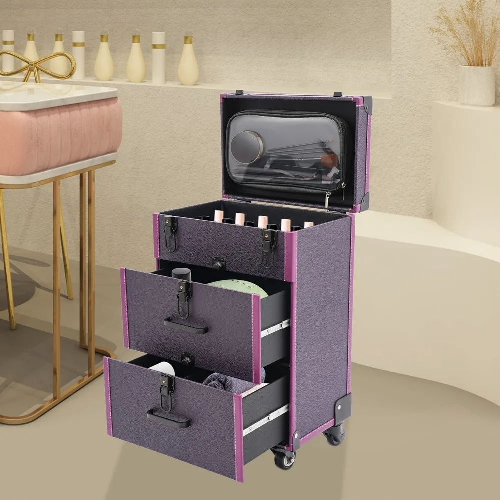 

Rolling Makeup Case Cosmetic Case Trolley Make Up Suitcase with Wheels Purple