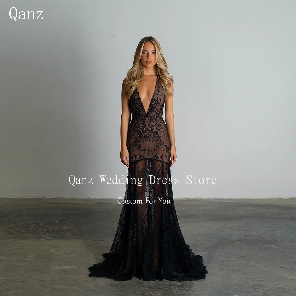 

Qanz Шикарные кружевные аппликации Вечерние платья Черные прозрачные платья Vestidos De Fiesta Русалка Глубокий V-образный вырез Платья для выпускного вечера 2025 Индивидуальные