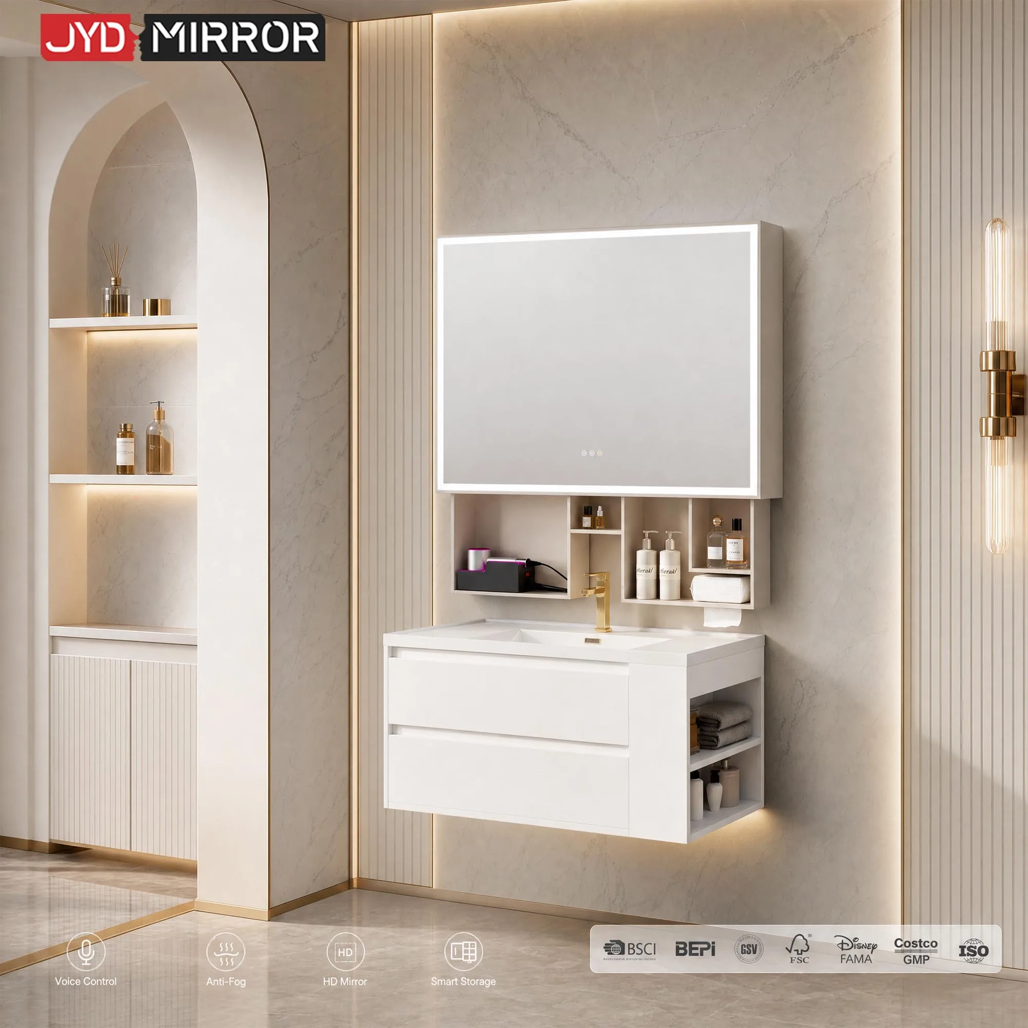 Bathroom CabinetHeight Adjustable Storage Manufacturers Ai Voice Control Led Light Smart Factory Bluetooth Bathroom Mirror Cabin