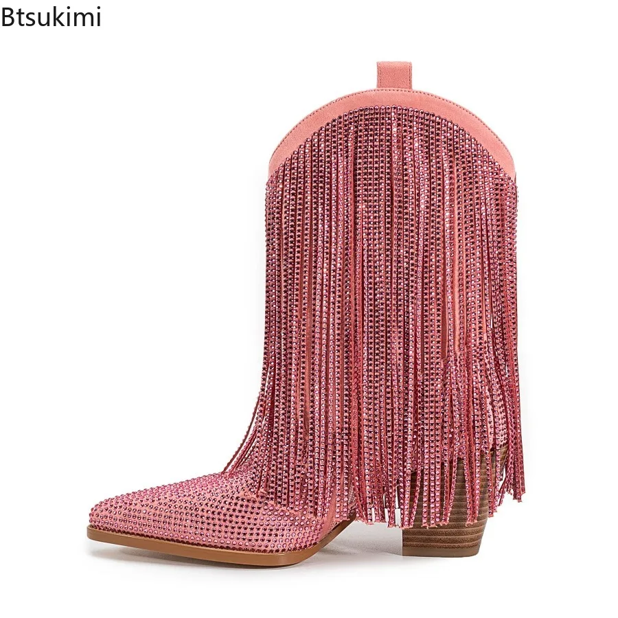Women's Colorful Rhinestone Embellished Fringe Western Cowgirl Boots Pointed Toe Mid Heel Party Stage Large Size Ladies Booties
