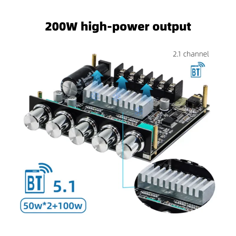 2.1-channel Bluetooth digital amplifier board module with treble, bass, and subwoofer amplification