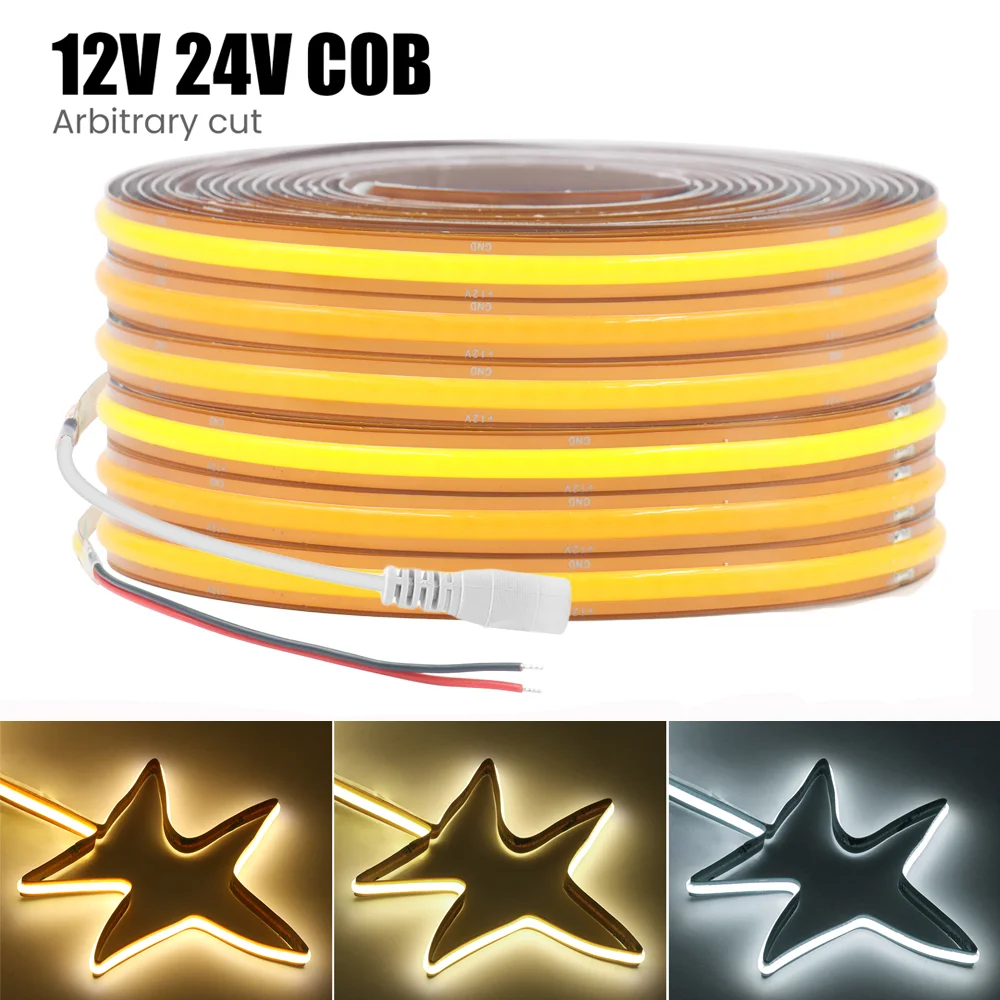 

12V 24V FOB COB LED Strip Lights 528 LEDs/m High Density Flexible LED Tape Ribbon for Room Decor 3000K-6000K Linear Dimmable