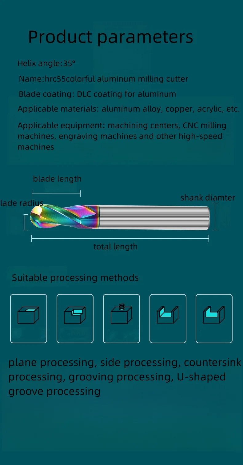 HRC55 Fresa a punta sferica in alluminio colorato 2 flauto Fresa in carburo di tungsteno Macchine utensili CNC R10x20x200 R4x8x60