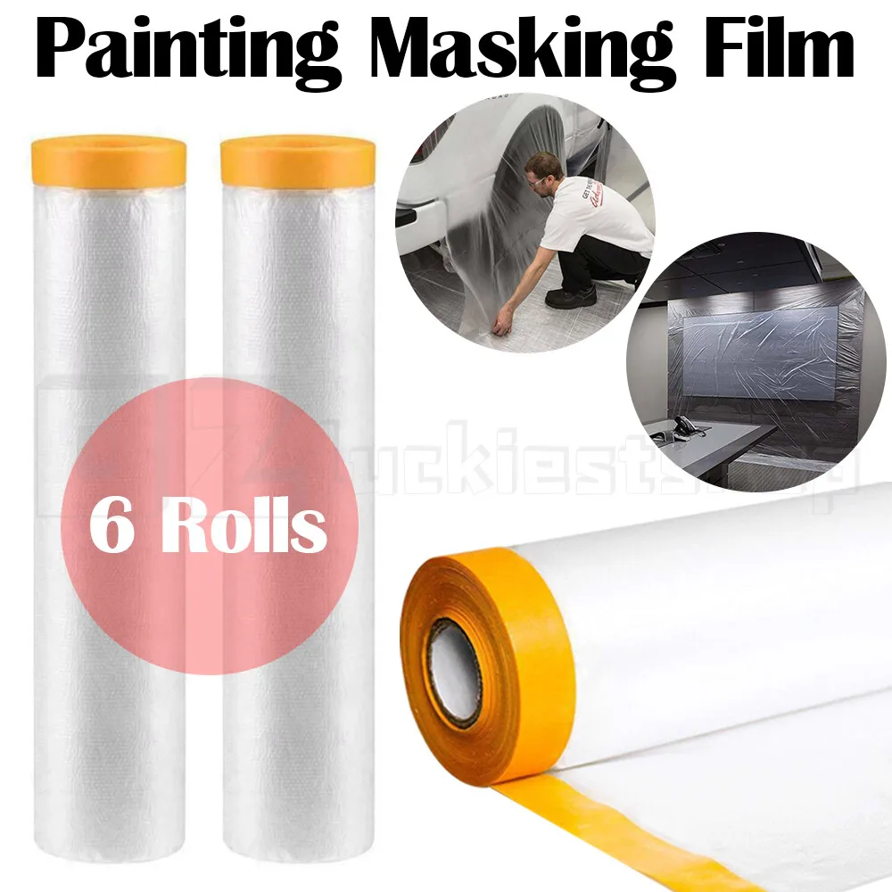 6Rolls Painting Masking Film Sheet Pre-Taped Plastic Drop Paint Tape 12m x 270cm