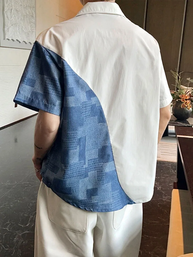 Summer Men's Plaid Patchwork Shirt Korean Casual Fashion Designer Workwear Style Male Short Sleeved Color Blocking Shirts