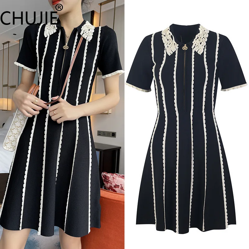 

CHUJIE 2025 Summer & Early Autumn Korean Style Knit Dress - Lace Trim Striped Zip-Up, Slim Fit Waist