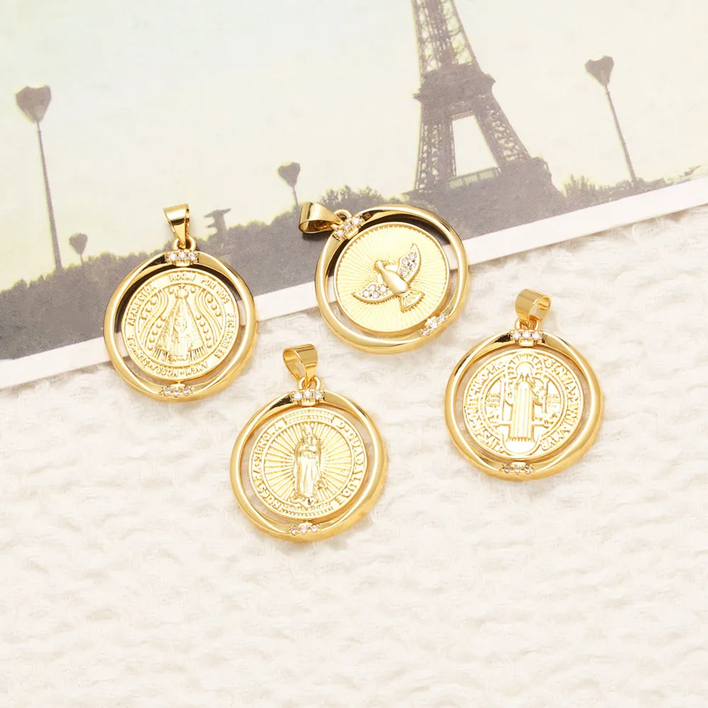 OCESRIO White Crystal Holy Spirit Round Pendant for Necklace Copper Gold Plated Virgin Mary Jewelry Making Supplies pdta351