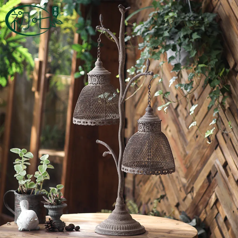 &*Q Industrial style retro candle holder ornament garden birdcage wind lamp ornament wrought iron old handicraft props