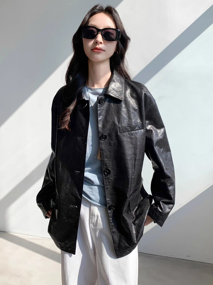 Casual Genuine Leather Blazer Jackets for Women Spring Autumn 2025 New High-end Simple Soft Black Oil Wax Real Sheepskin Coat