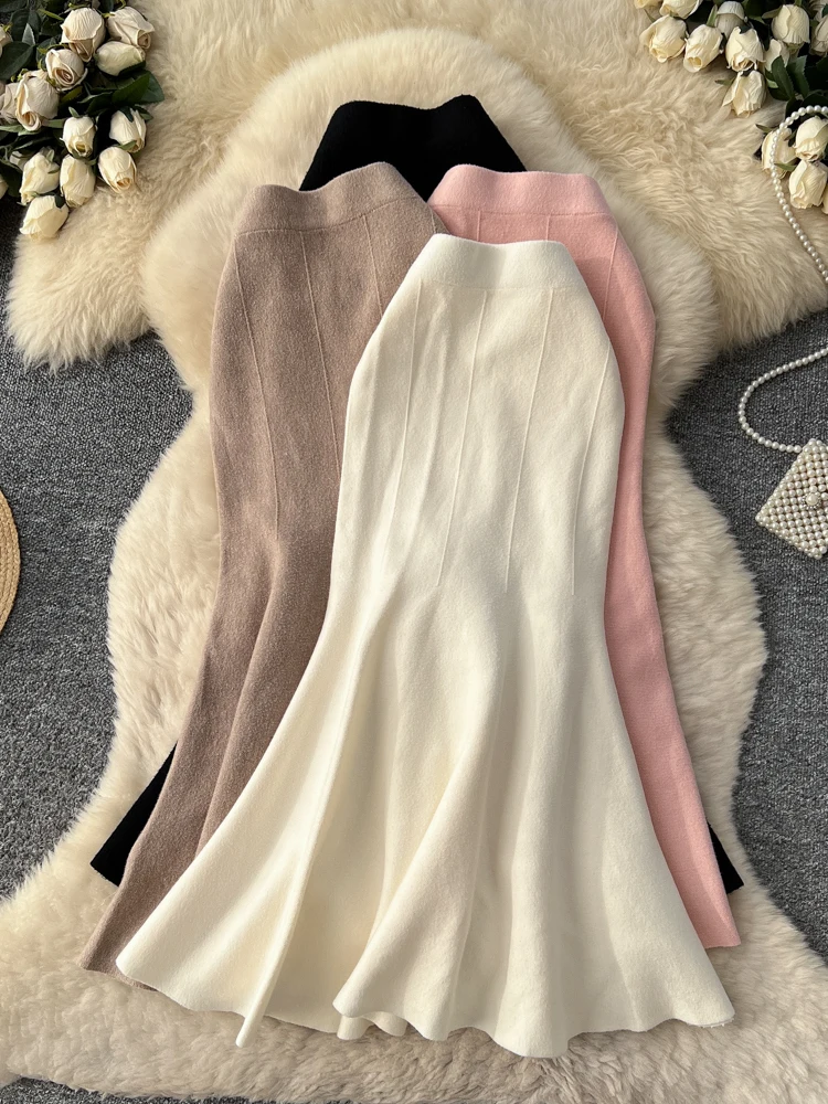 

French Sle Knitted Fi Tail f Skirt Women's Autumn Winter Slim Fit Wrap around High Waist Ci Commute Skirts