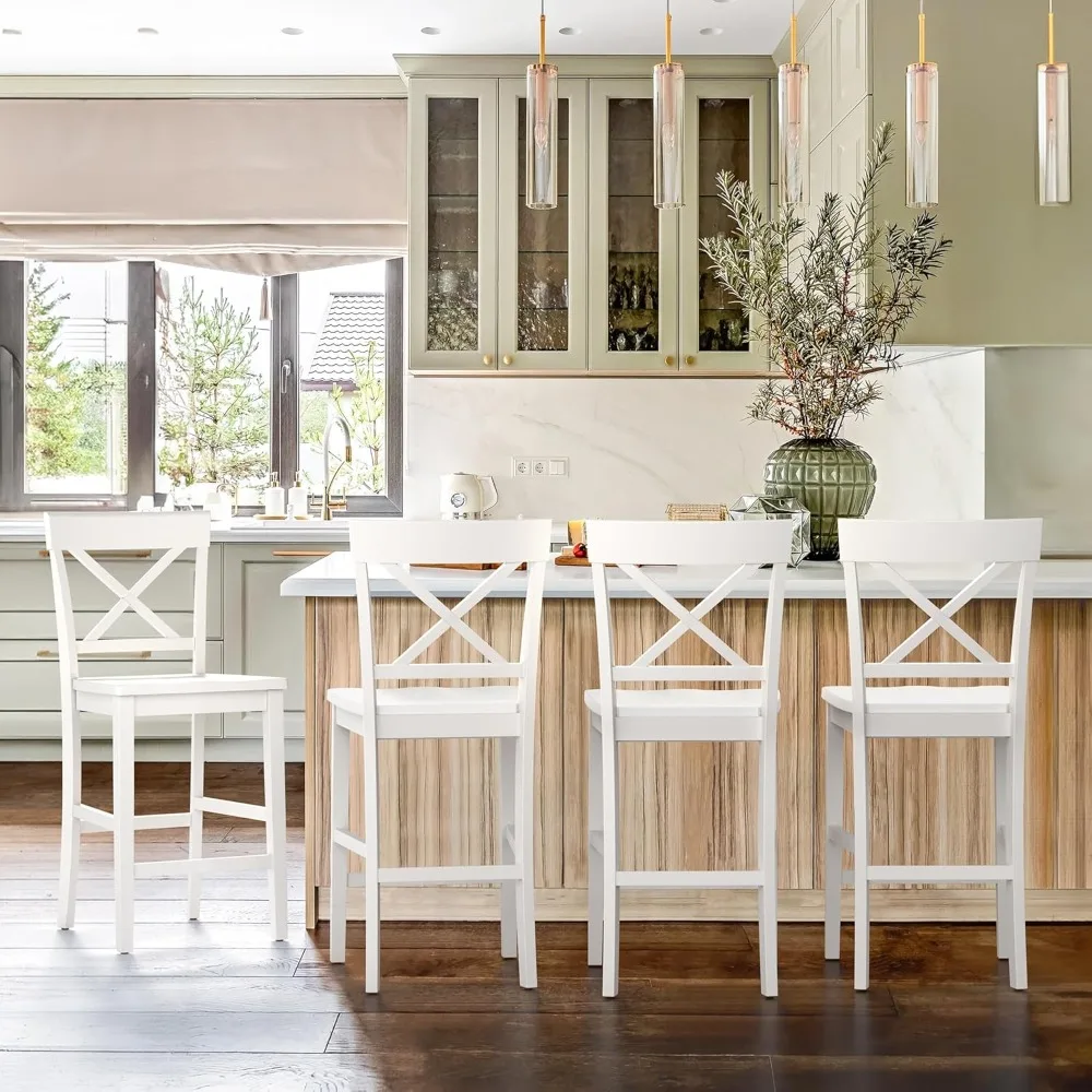 Madeira Contra Altura Bar Banquetas, Costas e Apoio Para Os Pés, Farmhouse Barstools, Kitchen Island, Conjunto De 4, 24 "H