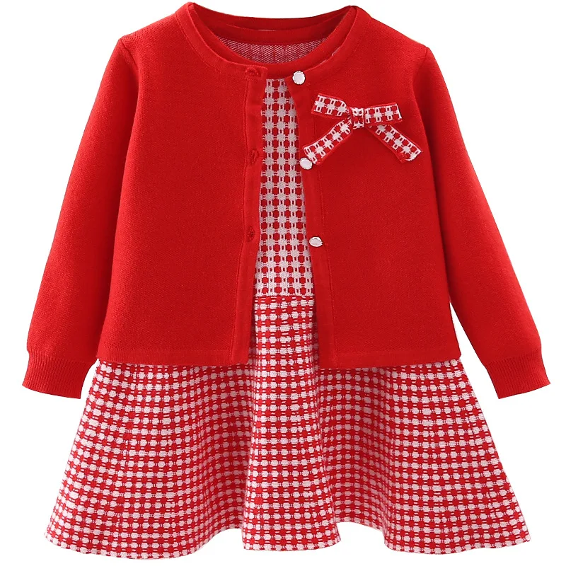 

Kids Sweater T-shirts Coat+Vest Skirts Two-piece Suit Autumn Winter Girls Single Breasted Knitwear Princess Clothes Set 1-6Years