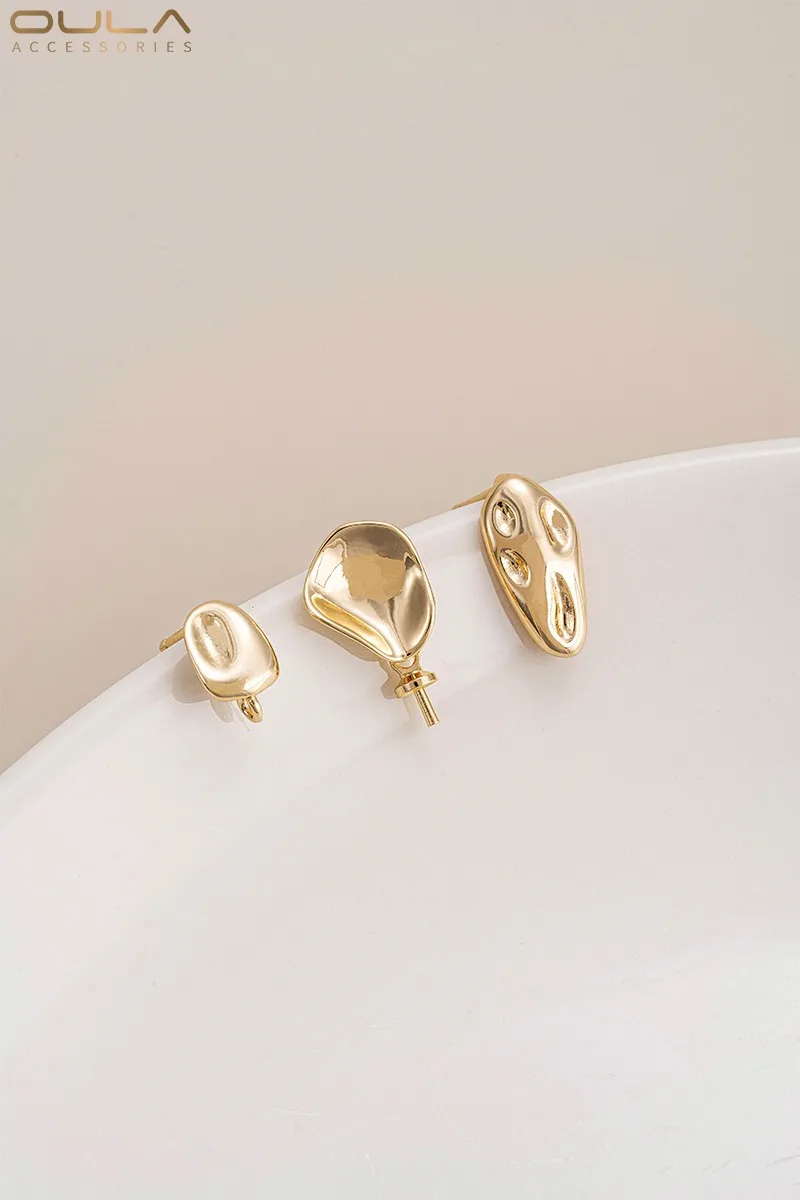 

925 Silver Needle 14K Gold-plated Concave Convex Surface Irregular Hanging Ear Stud Diy Pearl Stand Handcrafted Earrings Materia