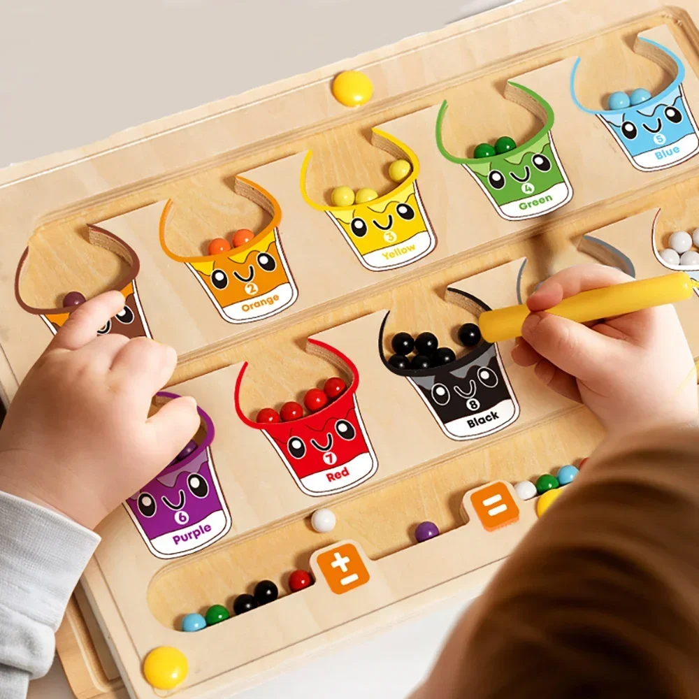 Toddler Montessori Toys 2 in 1 Wooden Magnetic Color & Number Maze With Drawing Board Color Sorting Counting Matching Toy