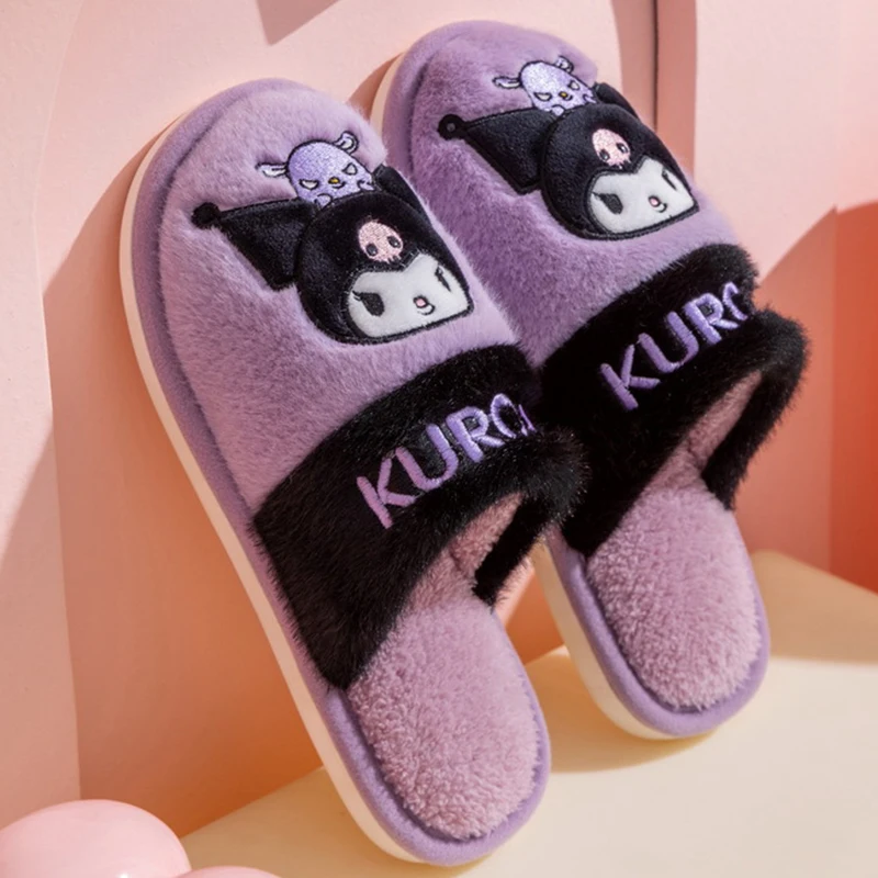 Genuine Sanrio Kuromi Hello Kitty Plush Slippers My Melody Warm Winter Indoor Slippers Flat Casual Non-slip Girl Home Shoes