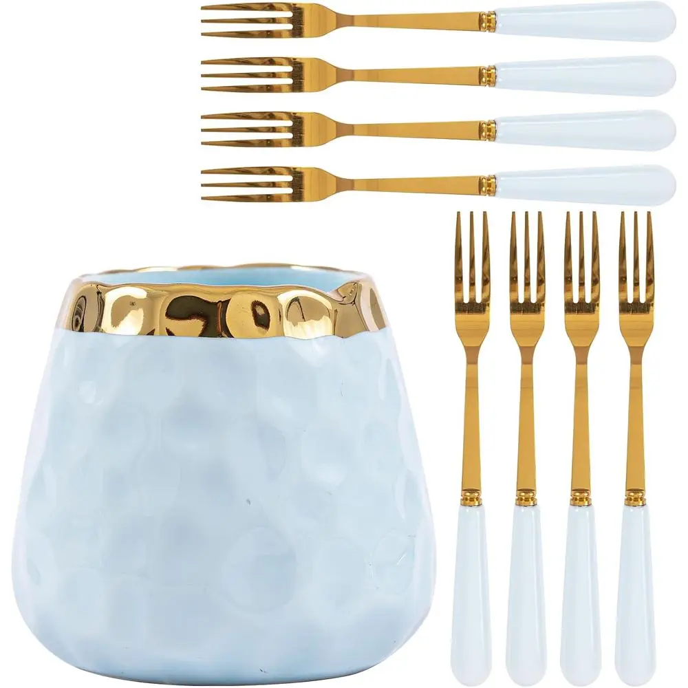 

Набор десертных вилок, керамическая банка с 8 маленькими вилками для фруктов, салатов, закусок, торта, набор столовых приборов (голубая банка + 8 вилок)