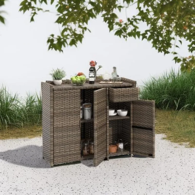 Outdoor Storage Cabinet, Weather-proof Rattan Bar Table with Two Doors, Adjustable Shelves & Foldable Drawer, and Garden Tools