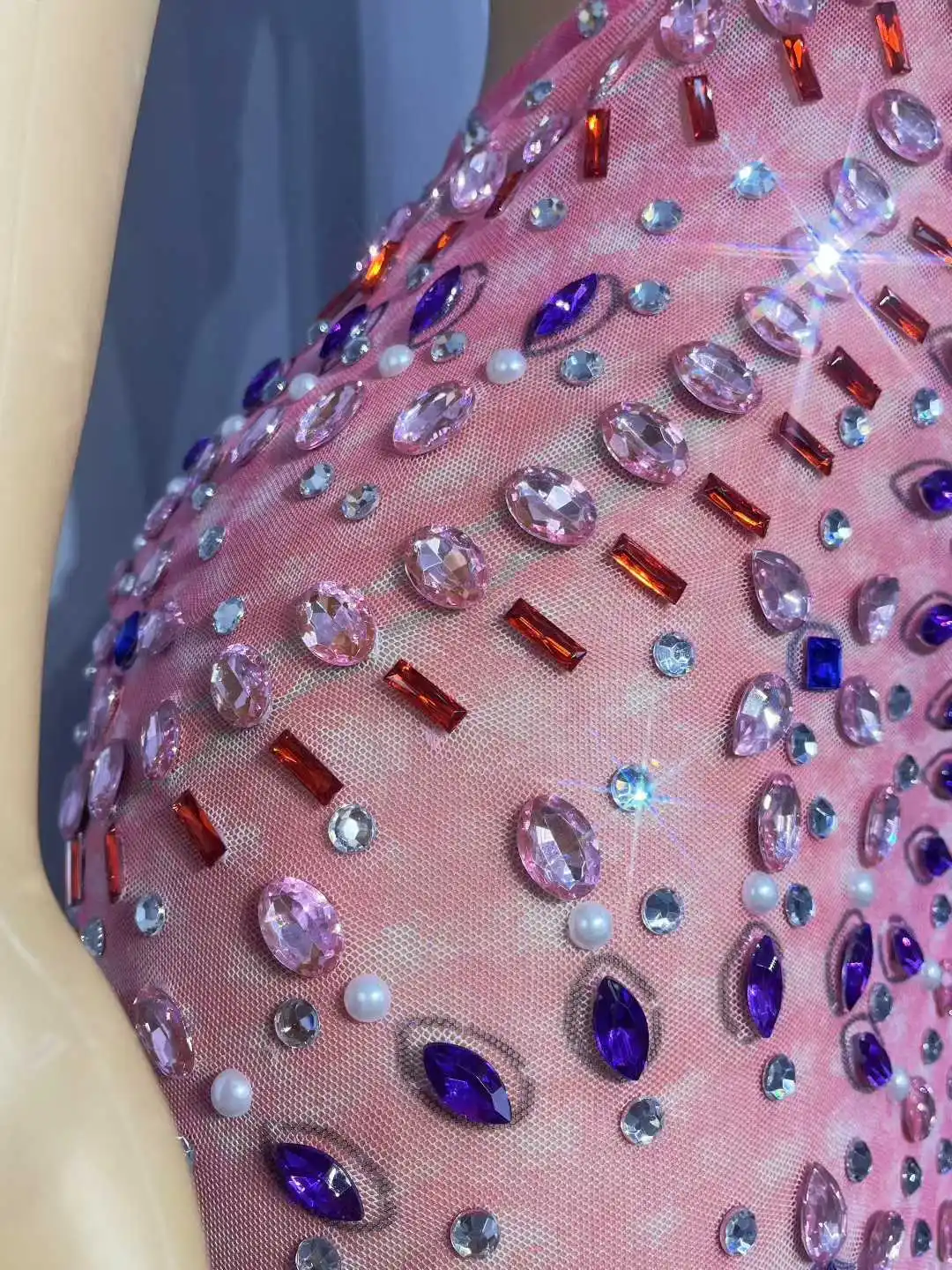 Strass brilhantes malha rosa transparente sem costas vestido longo feminino sexy aniversário celebrar noite vestido de baile sessão de fotos wear