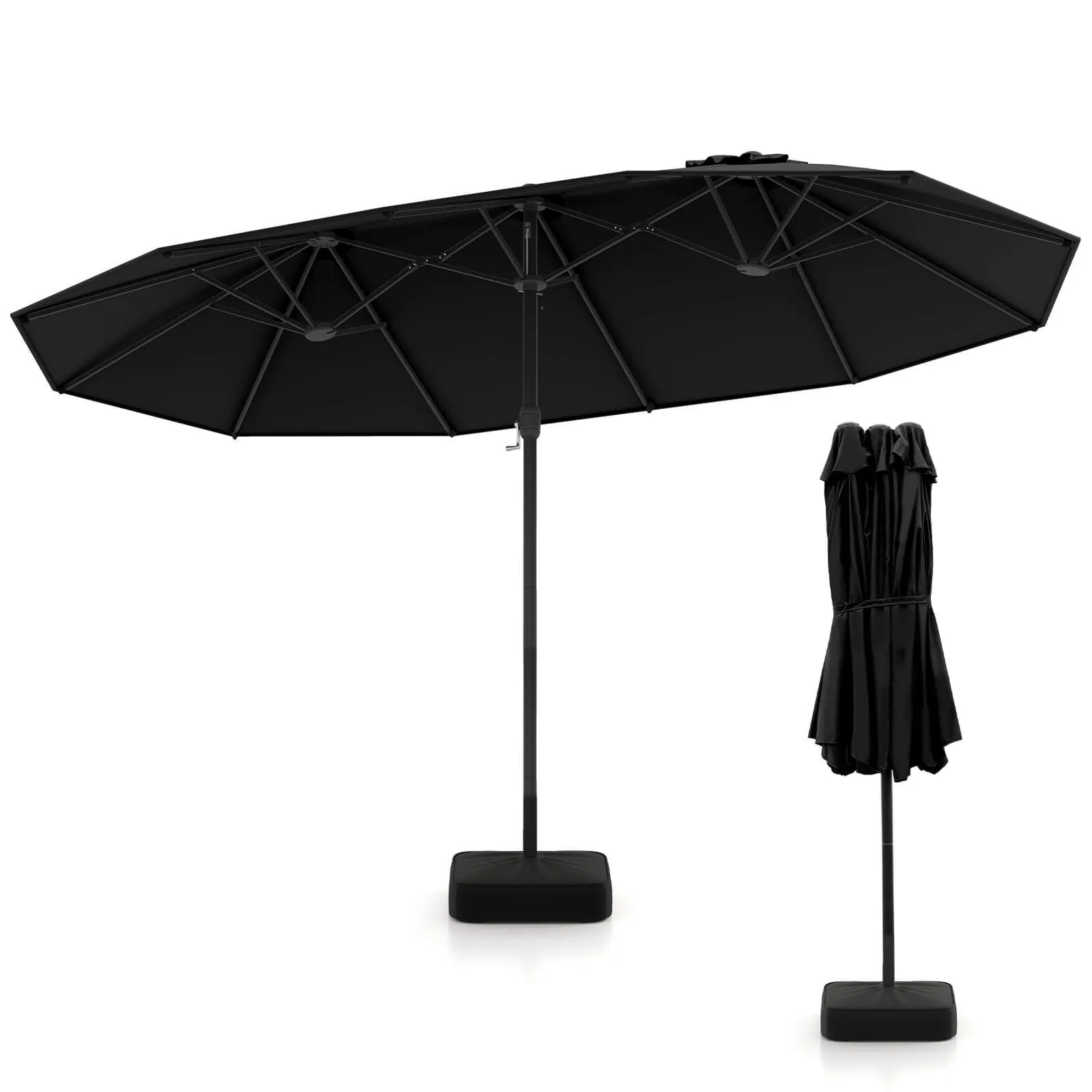 15FT Double-Sided Twin Patio Umbrella Sun Shade Outdoor Crank Market Base Black