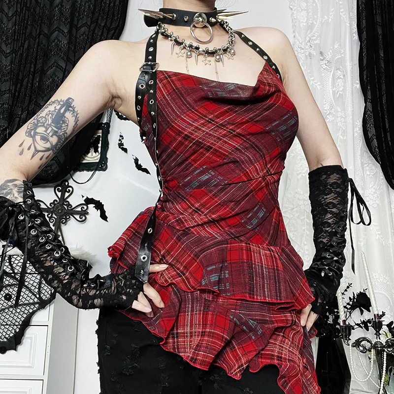 

AltGoth Y2k E-girl Plaid Camisole Women Dark Academia Gothic Streetwear Punk Pu Patchwork Halter Irregular Hem Tank Tops Female