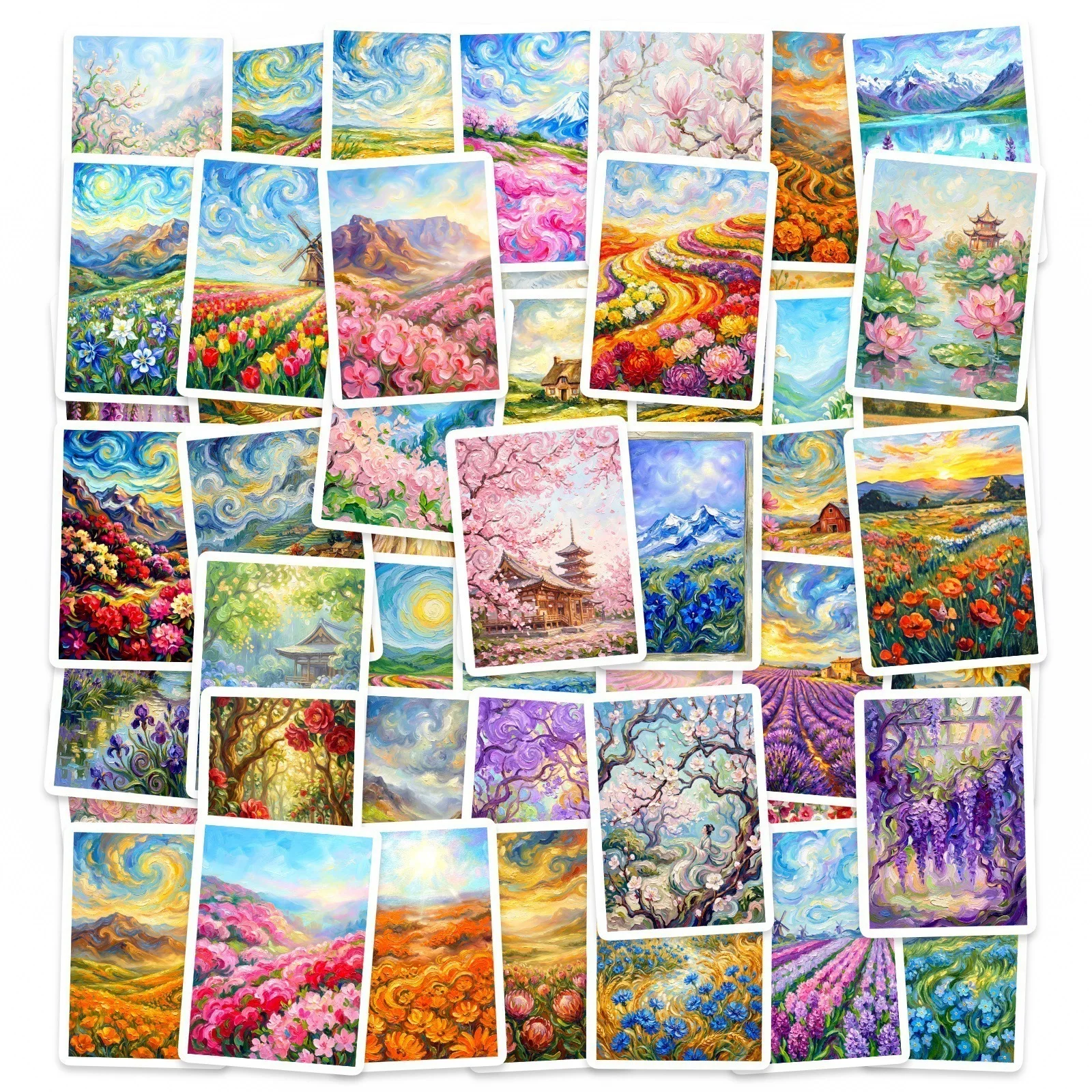 50-Pack Hand-Painted Fresh Style Landscape & Floral Cartoon Stickers Waterproof Decals for Laptops Water Bottles Notebook