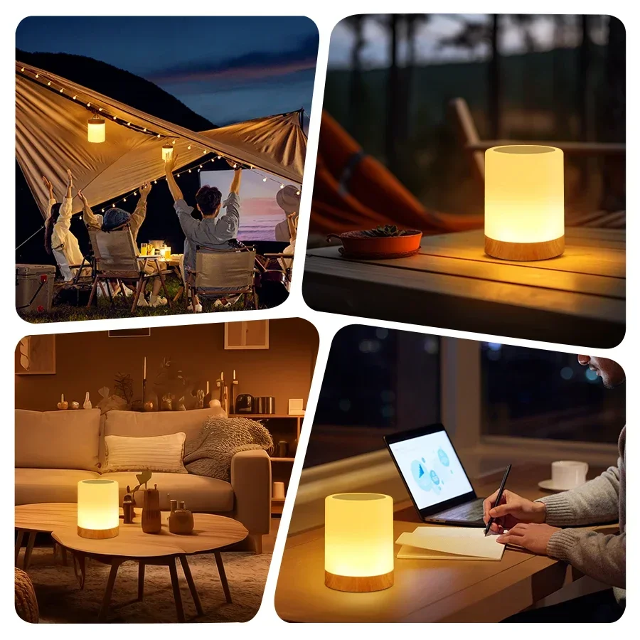 Solid Wooden Base Cylinder Night Light Multi-colour Ambient Light Desktop Decor Remote Control Multi-functional Camping Light