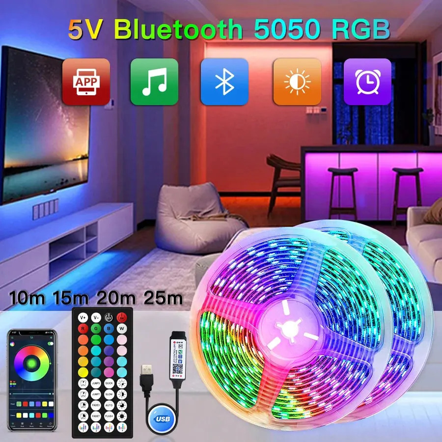 Bande Lumineuse LED 5050 RVB, Bluetooth, 1m-30m, 5V, USB, Rétro-Éclairage TV, Décoration de Salle, Ruban Diode Flexible