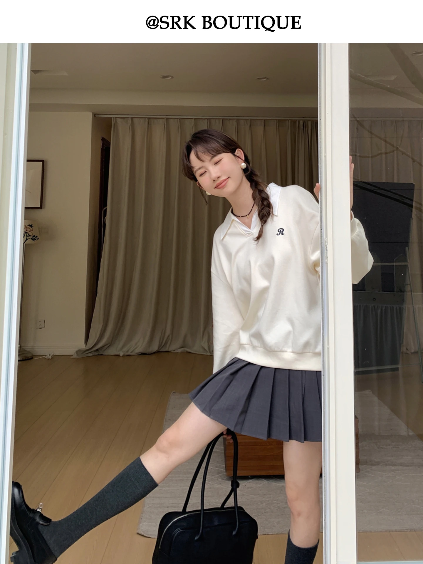 

Классический универсальный бежевый свитшот SRK для женщин: свободный крой, эффект похудения, V-образный вырез, имитация двухслойности, повседневный стиль, весна 2026, новинка