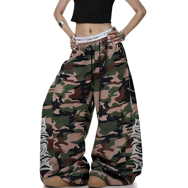 American Retro Camouflage Wide Leg Casual Pants Women Street Dance Loose Trousers Summer Trendy Brand Harajuku Style