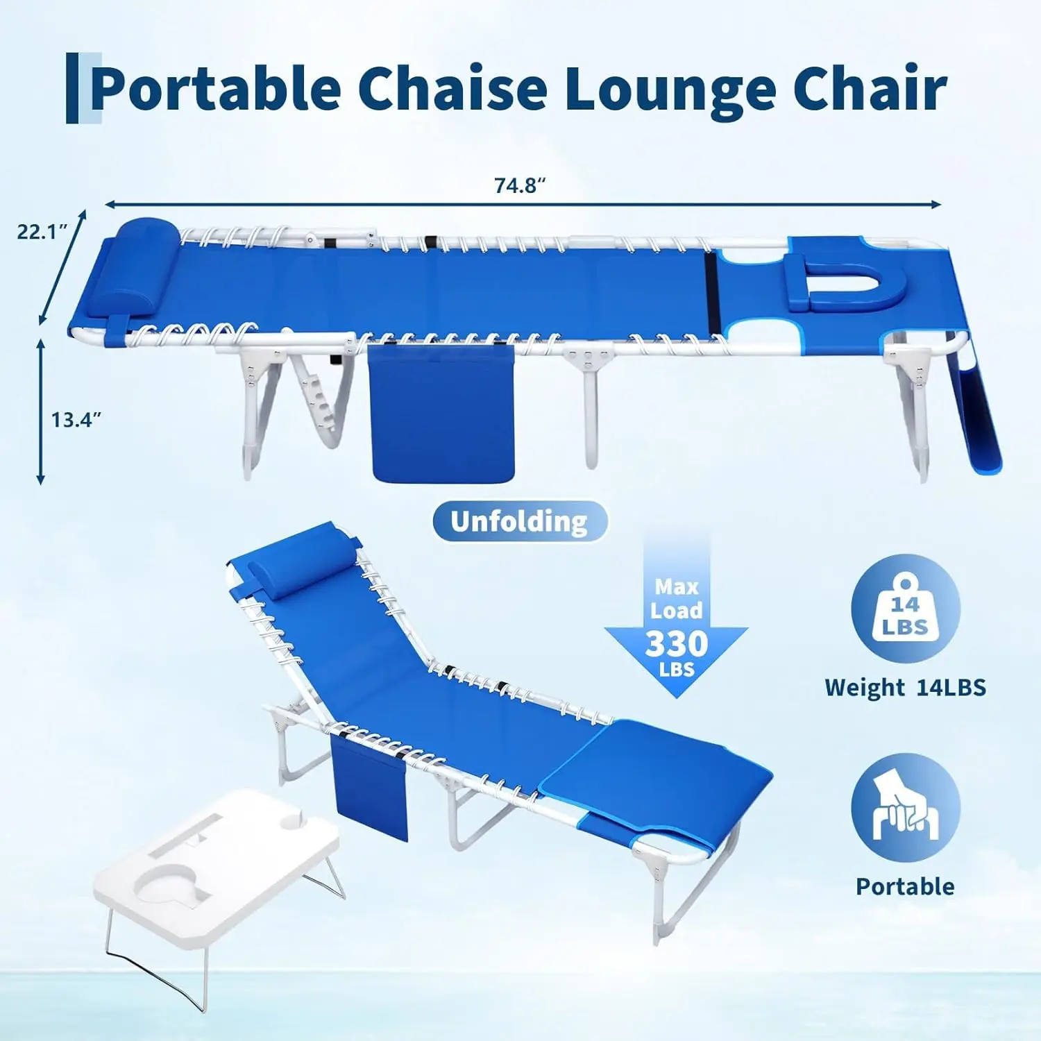 Folding Sun Lounger with Face Hole for Tanning, Outdoor Chaise Lounge Chair 5-Position Adjustable Reclining Lay Flat Beach Chair with Side Table & Carry Strap for Pool Patio Camping