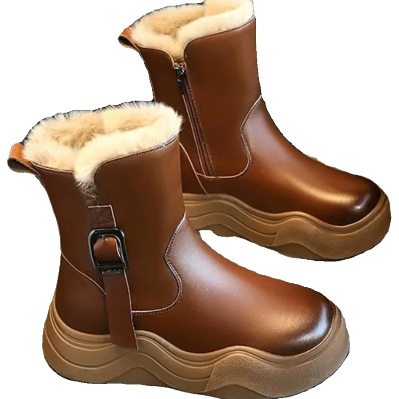 

2025 New Winter Kids' Leather Boots for Girls Fleece Lined Thickened Waterproof Anti-Slip Children's Cotton Snow Boots