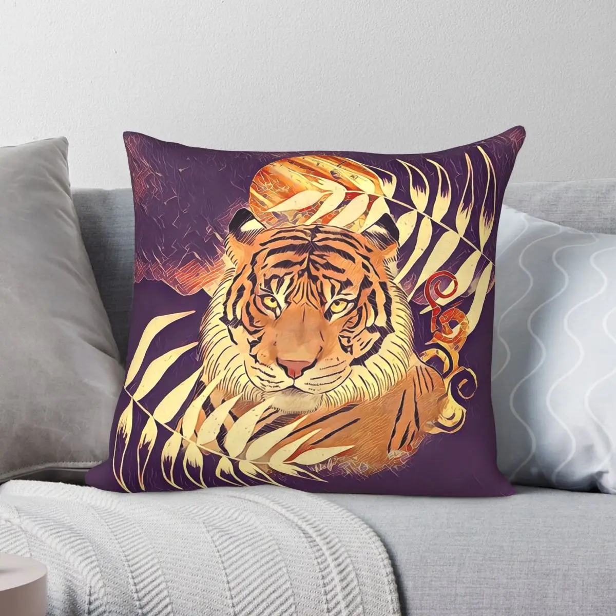 Purple Tiger Botanical Square Pillowcase Polyester Linen Velvet Printed Zip Decor Throw Pillow Case Room Cushion Cover