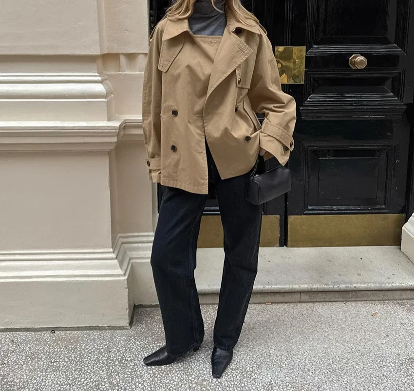 سترة نسائية لخريف 2025 متعددة الاستخدامات ذات طية صدر السترة فضفاضة كاكي #6