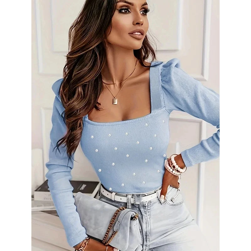 تي شيرت جديد لعام 2025 للنساء محبوك بأكمام طويلة بلوفرات وردية وياقة مربعة قمصان وبلوزات شتوية YBear House 002