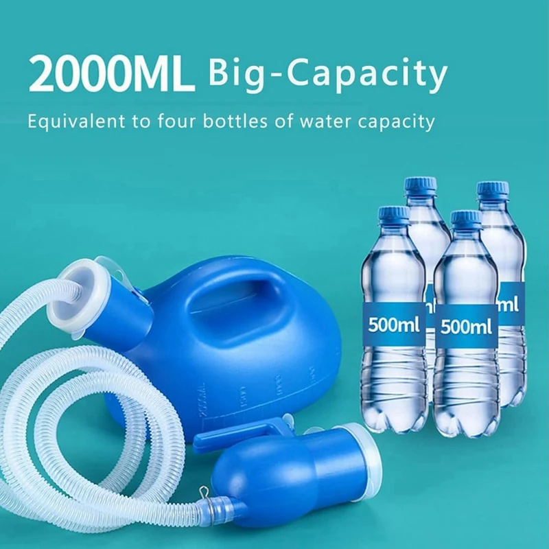 Garrafa de mictório portátil para homens e mulheres, garrafa de urina de 2000ml, penico à prova de derramamento, garrafa de xixi com tubo longo de 63 polegadas