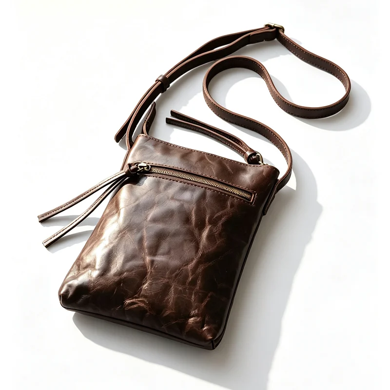Retro Crinkled Genuine Leather Cell Phone Crossbody Bags, Slim Vertical Shoulder Purse with Outer Zip Pocket for Travel