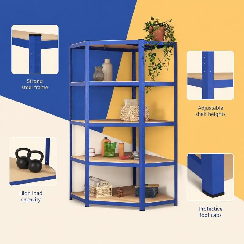 Étagère d'angle 5 niveaux bleue en acier et bois, structure stable multifonction pour salon, chambre et bureau, rangement compact gain de place