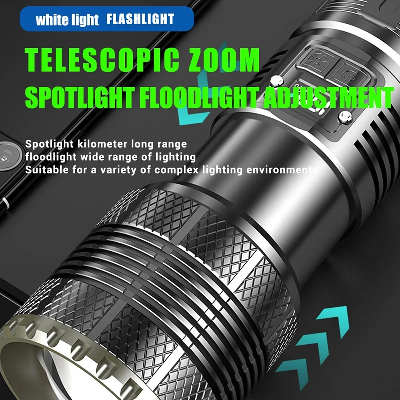 Powerful Portable LED Tactical Flashlight Built-in 7800mah Battery Type-C Charging Torch 2000 Lumens Camping Emergency Lantern