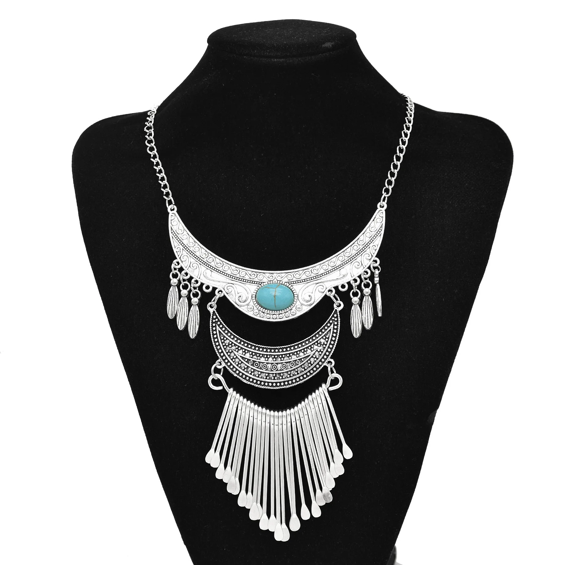 Boho Vintage Silver Imitation Turquoise Bib Necklaces Coins Pendant Women Gypsy Choker Collar Statement Ethnic Jewelry Accessory