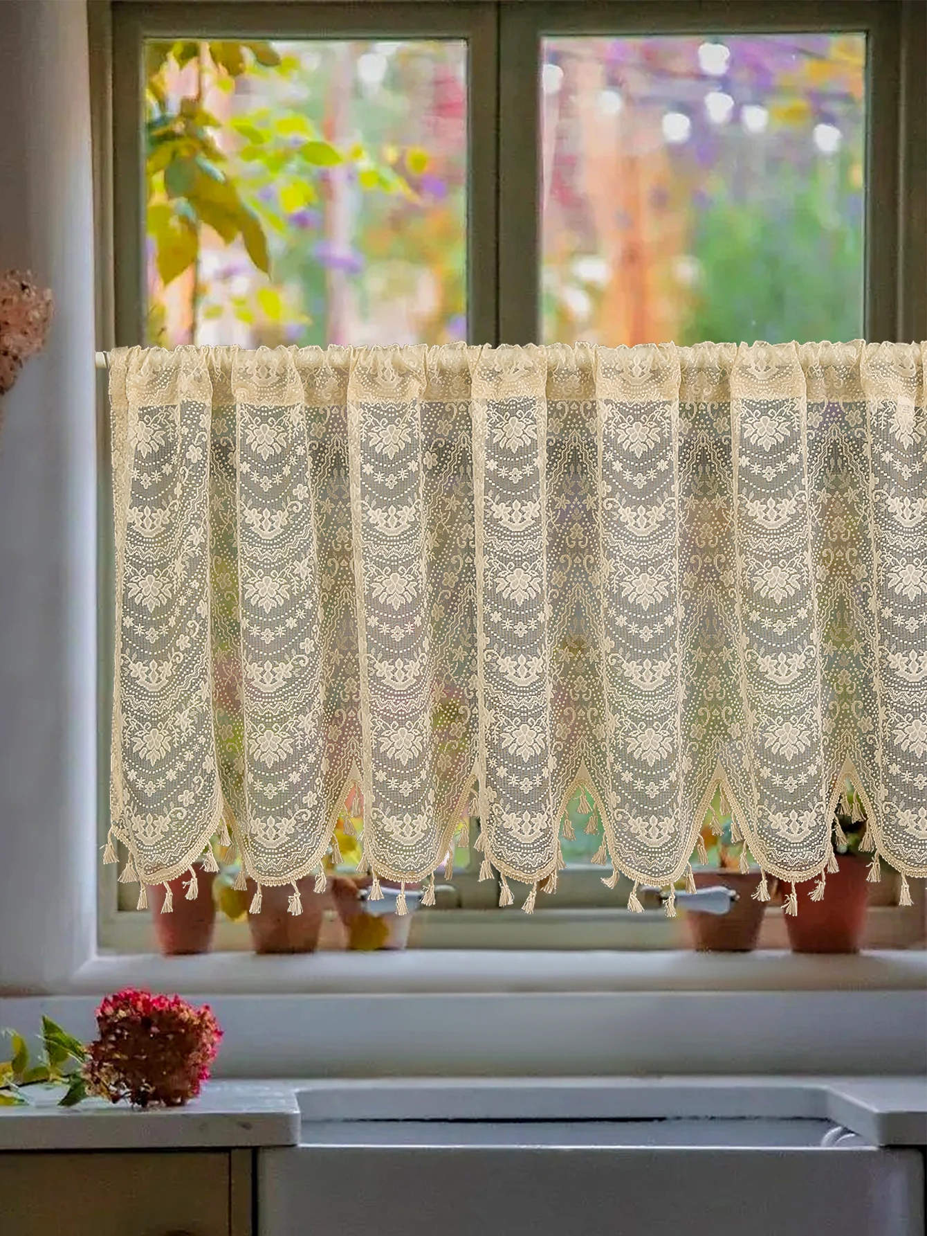 1PC Beige Lace Necklace Hanging Fringe Short Curtains, Living Room Bedroom Window Small Curtains, Cabinet Barrier Short Curtains