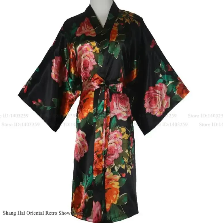 

Print Flower Female Robe Half Sleeve Kimono Gown Japanese Style Bathrobe Sleepwear Loose Casual Satin Home Dress Loungewear
