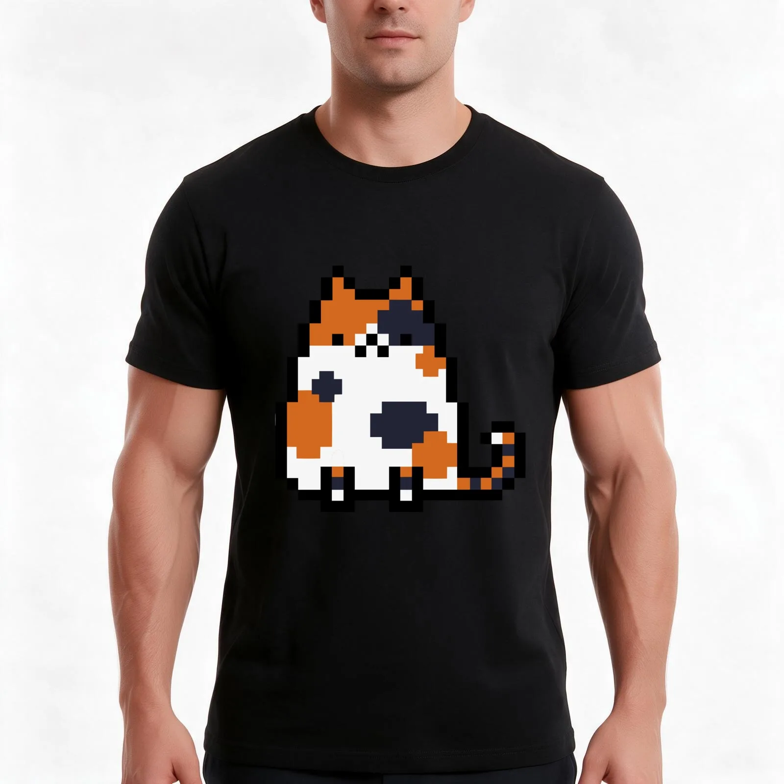Pixel Cat (Calico) T-Shirt, Summer Casual Cotton Tee, Oversized Streetwear Tops, Vintage Graphic Print, Loose Fit Short Sleeve