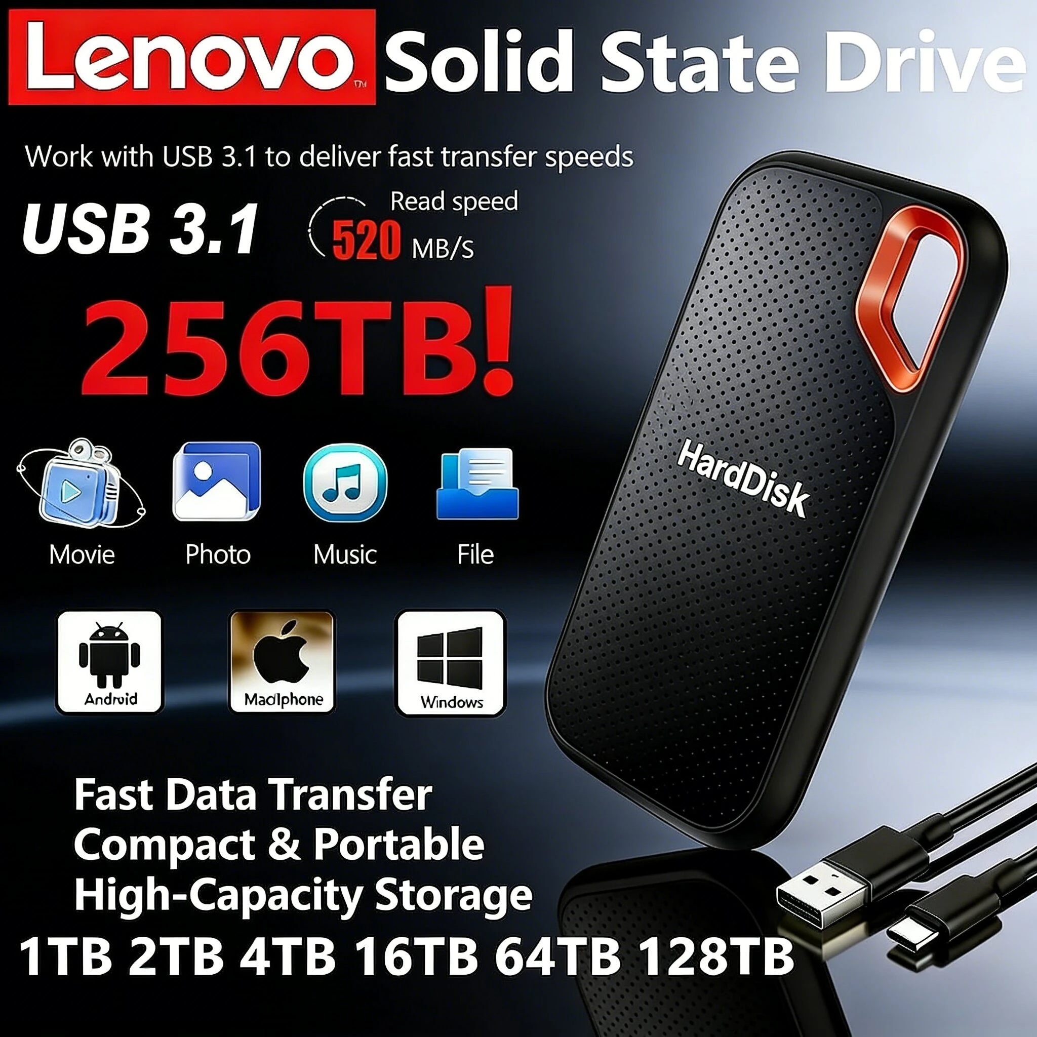 

Внешний жесткий диск Lenovo E60 USB 3.1 (4 ТБ, 6 ТБ, 8 ТБ, 256 ТБ) для ноутбуков, PS5 и мобильных устройств. SSD/HDD накопитель для хранения данных.