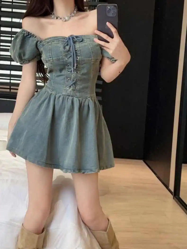 

GkyocQ Korean Chic New Summer Dress Sexy Hot Girls Square Collar Puff Sleeve Lace-up Design Slim A Line Mini Dresses Denim Dress