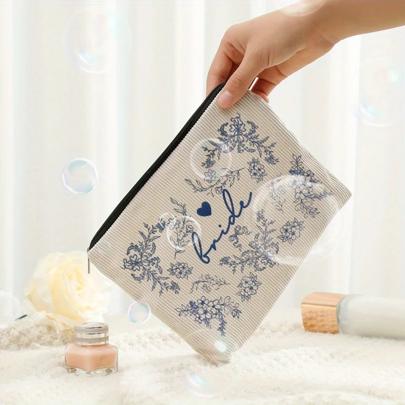 1pc Bride Makeup Bag Blue Bride Bag for Bridal Shower Wedding Engagement Gifts Patterned Corduroy Zipper Makeup Bag, Lightweight view 2