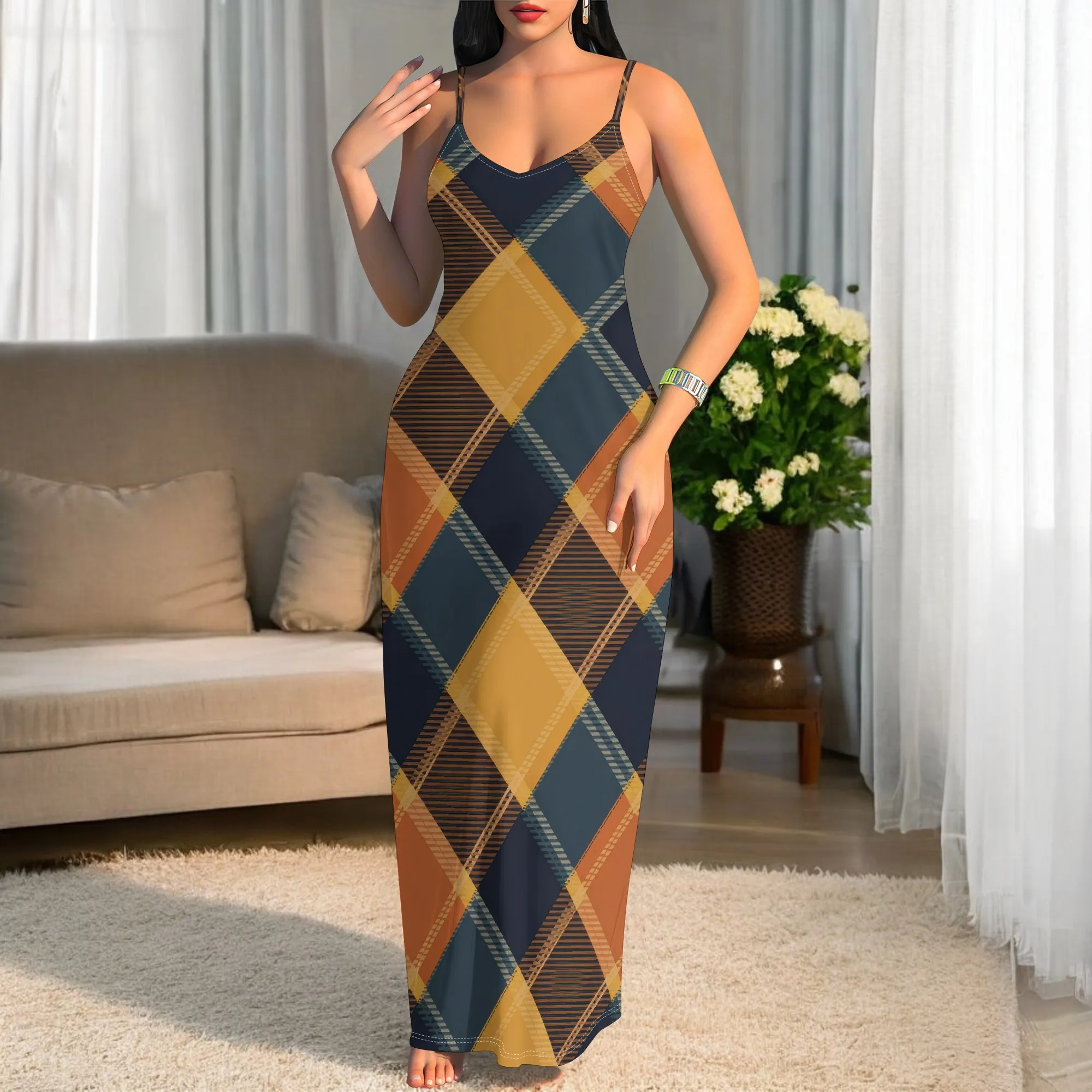 

Women's Autumn Plaid Maxi Dress V-Neck Spaghetti Strap Sleeveless Slim Fit Dress for Casual Holiday Vacation Wear