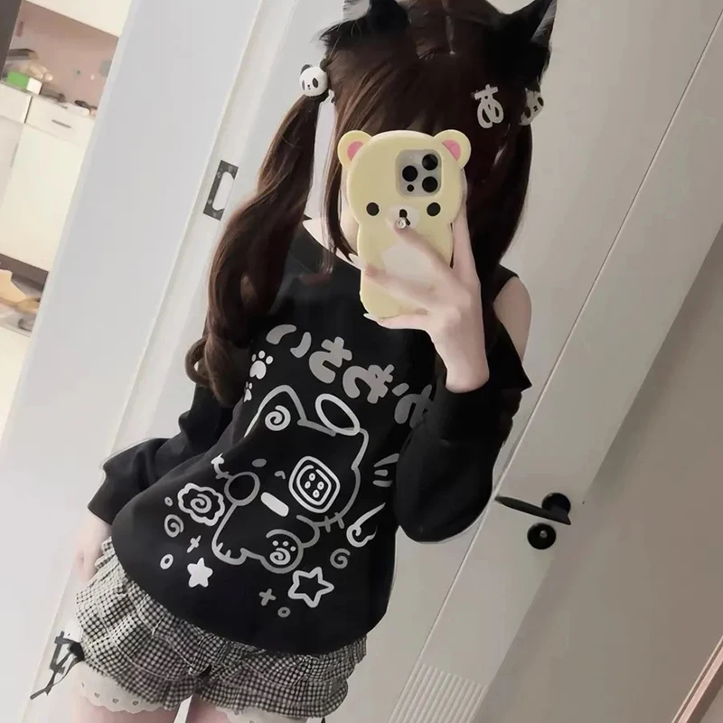 اليابان ثقافة فرعية المحملة المرأة القط طباعة مثير قبالة الكتف تي شيرت طويل الأكمام Harajuku Y2K الأسود Perppy نمط رداء علوي غير رسمي