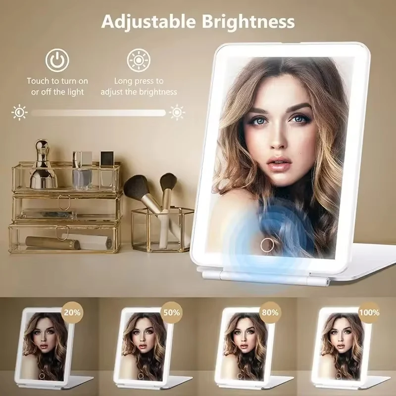 LED Foldable Travel Makeup Mirror 3 Colors Light Modes USB Rechargeable Touch Screen Portable Tabletop Cosmetic Lighted Mirror