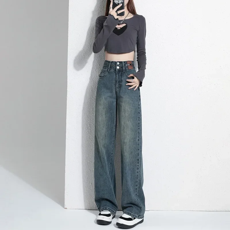 

Прямые широкие джинсы женские, новинка 2025 года, популярные маленькие свободные брюки с высокой талией, зимние джинсы для мам 0 джинсов, мешковатые джинсы, брюки, джинсы